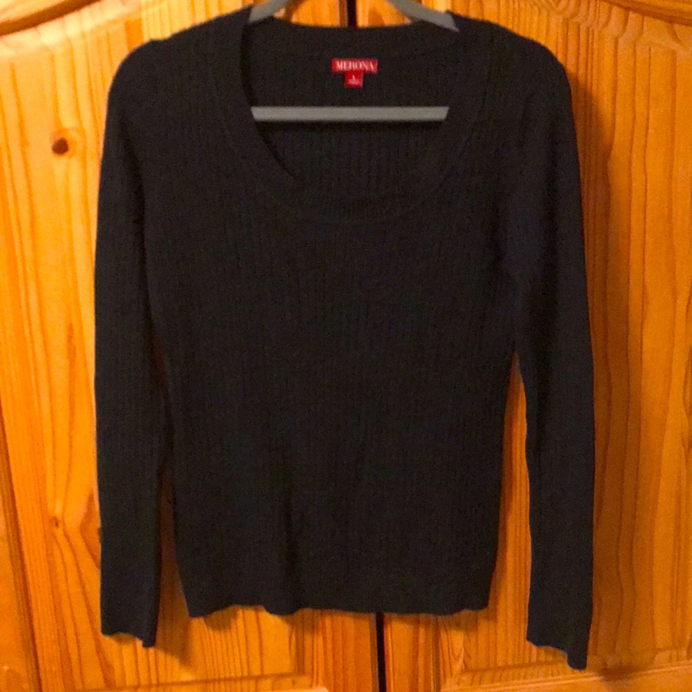 Black scoop-neck, heavy-weight, ribbed knit, long-sleeve shirt